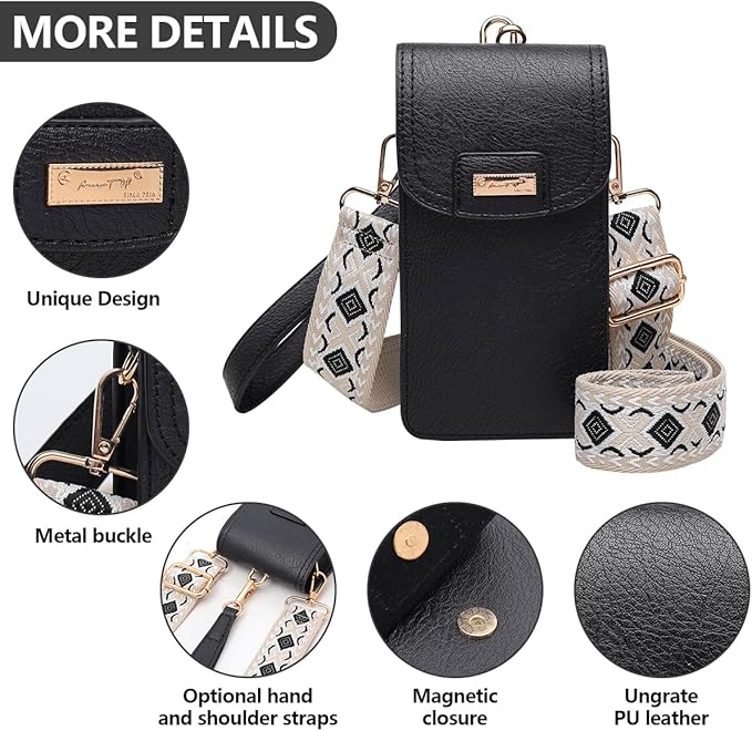 AnsTOP Small Leather Crossbody Bag for Women,Phone Purse with Detachable & Adjustable Strap,Compact and Stylish Black