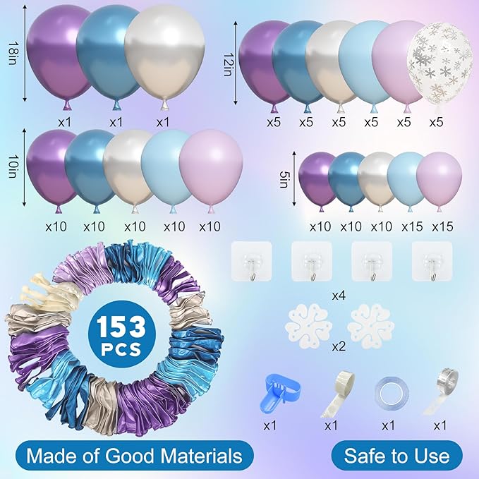 Amandir 153pcs Blue Purple Balloon Garland Arch Kit, Different Sizes 18 12 10 5 inch Blue Purple Pearlescent Metallic Confetti Snow Balloons for Princess Winter Wonderland Girl Baby Party Decorations