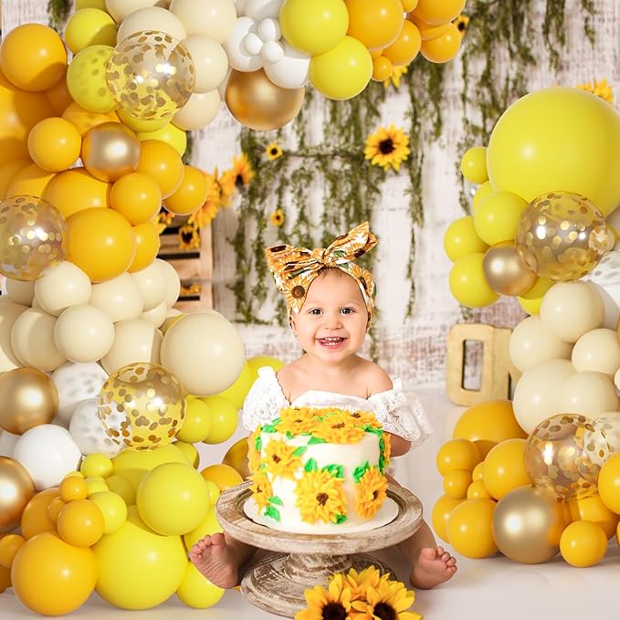 Ouddy Party Yellow Gold Balloons Arch Garland Kit, Different Sizes 18 12 10 5 Inch Mustard Pastel Yellow White Latex Metallic Confetti Balloon for Sunflower Bee Baby Shower Birthday Party Decorations
