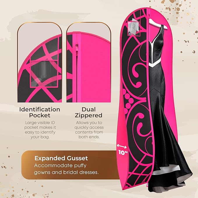 Your Bags Women’s Dress and Gown Garment Bag -72”x24” and 10” Tapered Gusset Prom Bags (Hot Pink and Black Tiara Panel)