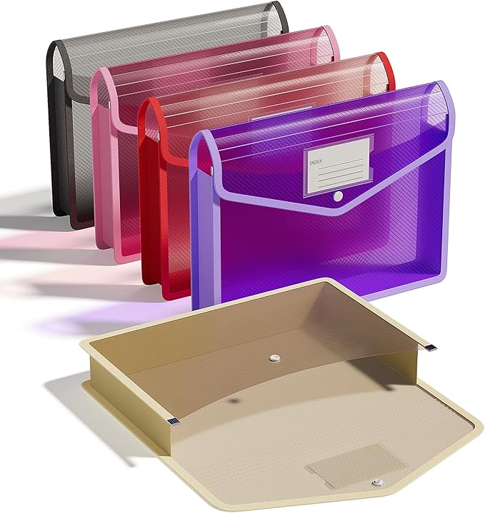 ThinkTex Plastic Expanding File Folder, Transparent Envelopes with Snap Closure, No Dividers, Large Capacity, Document Organizer for Receipts, Bills & Taxes, Fits Letter / A4 Size - 5 Pack