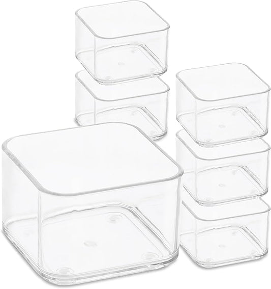 primebox Plastic Clear Acrylic Drawer Organizers. Bathroom, Kitchen, Bedroom, Utensils, Office Organizer Bins, Storage Trays. Heavy Duty, Stackable. 3" x 3" x 2" Set of 6
