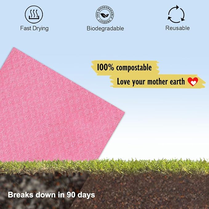 MoLKENE Swedish Dishcloths - 10 Pack Reusable Kitchen Dishcloths - Ultra Absorbent Dish Towels for Washing Dishes - Cellulose Sponge Cloth Cleaning Cloths - Pink