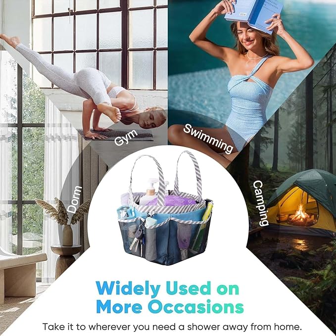 Haundry Mesh Shower Caddy Portable for College Dorm Room Essentials, Shower Caddy Tote with 8 Pockets Large Capacity, Shower Bag for Beach, Swimming, Gym, Light Blue