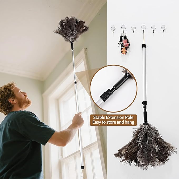 Daieeparty Extendable Ostrich Feather Duster up to 25-49 inches Fluffy Feathers Long Handle Reusable for Cleaning Ceiling Fan Pendant lamp Feather Duster 1pcs
