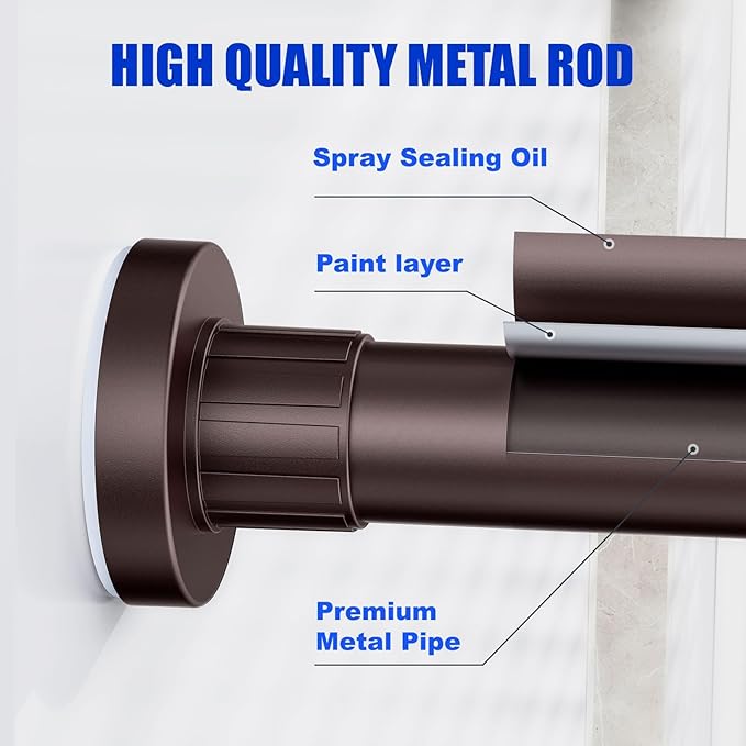 Ausemku Shower Curtain Rod 32-65 Inch Adjustable - 1 Inch Diameter Heavy Duty No Drill Spring Tension Shower Rod, Non-Slip Rustproof Telescopic Rod for Bathroom, Brown