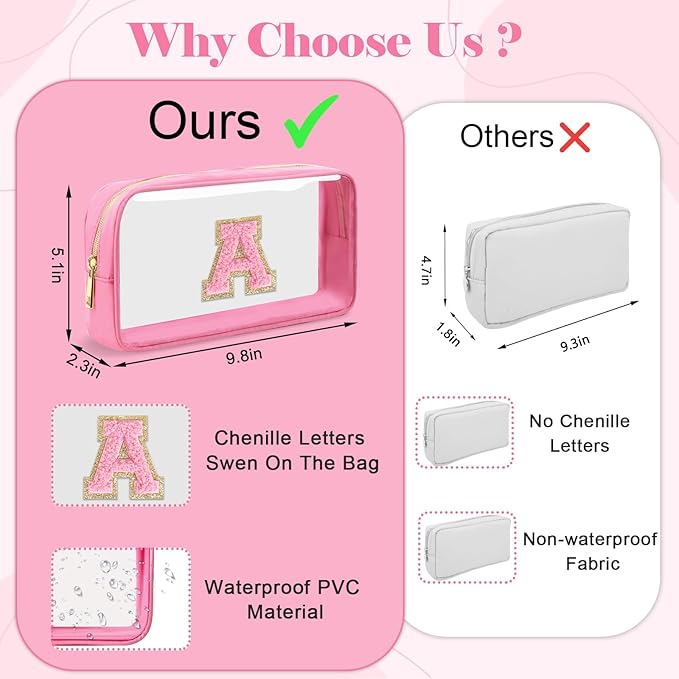 Personalized Initial Letter Clear Makeup Bag, Preppy Small Nylon & PVC Cosmetic Zipper Bag with Chenille Letter, Portable Beach Travel Skincare Toiletry Bag, Trendy Monogram Gift for Teen Girls Women, S