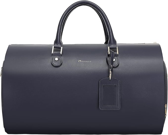 Modoker Women Convertible Leather Garment Bag with Shoulder Strap, PU Leather Garment Duffel Bag Carry on 2 in 1 Hanging Suitcase Suit Travel Bags, Blue
