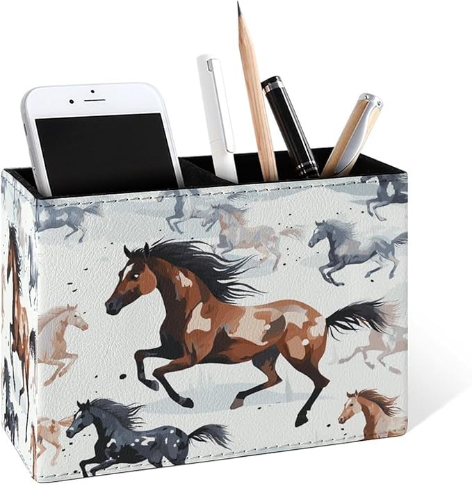 Famame Running Brown Horse on Snow Pencil Holder for Desk, Leather Desktop Container Pen Cup Storage Study Table Pen Organizer Makeup Brush Holder for Classroom Office Home