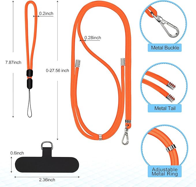 takyu Phone Lanyard, 2 Pack Adjustable CellPhone Lanyard Crossbody Neck Strap & 2 Pack Wrist Strap & Nylon Tether Tabs Compatible for iPhone Android Smartphones Orange Black