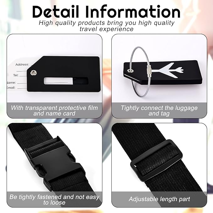 Weewooday 8 Pcs Luggage Straps Suitcase Tags Set for TSA Approved, 4 Travel Adjustable Suitcase Belt, 4 Silicone Luggage Tags with Name ID Card Travel Accessories (Black, Airplane)