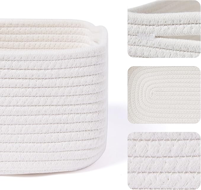 MiniArk Small Storage Baskets for Organizing | Closet Organizer Bins | Shelf Toy Basket | Woven Rope Baskets | Cube Decorative Box | Shallow Basket | 13x8.5x5.1” | 3 Packs Off White