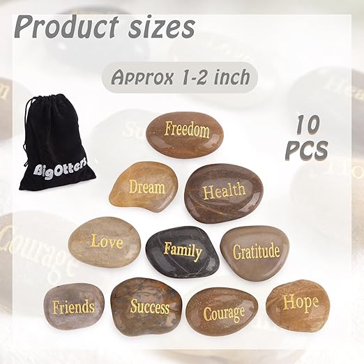 BigOtters Engraved Inspirational Stones, 10 Different Words Encouragement Amulets Gift Stones for Friends and Family as Meditation Decorations Birthday or Holiday Graduation Gift