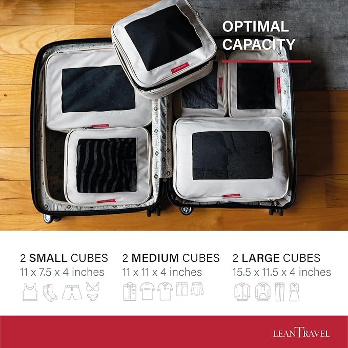 LeanTravel Compression Packing Cubes for Travel Organizers with Double Zipper (6-Pack (2L+2M+2S), Sand)