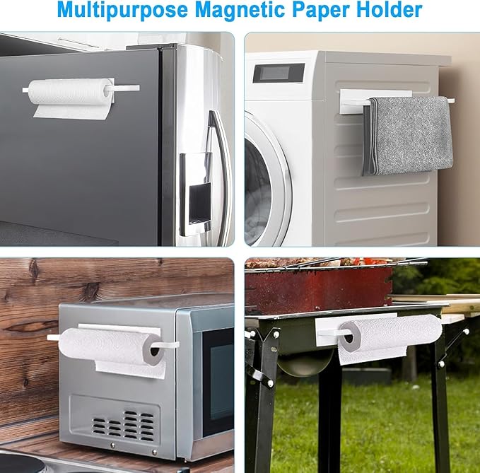 Paper Towel Holder Magnetic, Magnetic Paper Towel Holder for Fridge, Toilet Paper Roll Holder Magnet Towel Rack Wall Mount Shelf Bar for Towels Rolls Home Kitchen RV Dorm Wall Decor, White 2 Pack