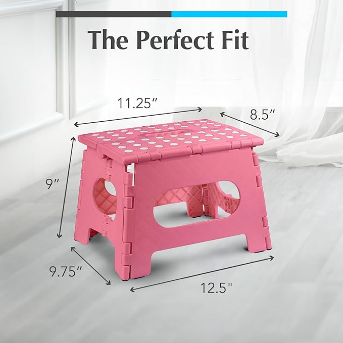 Handy Laundry Folding Lightweight Step Stool - Sturdy Enough to Support Adults and Safe Enough for Kids - Opens Easy with One Flip - Great for Kitchen, Bathroom or Bedroom (Pink - 9 Inch)