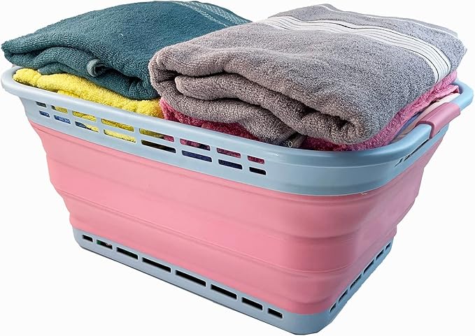 SAMMART 42L (11 Gallons) Collapsible Plastic Laundry Basket - Foldable Pop Up Storage Container/Organizer - Portable Washing Tub - Space Saving Hamper [BPA Free] (Cool Blue/Maglia Rosa (Set of 2))