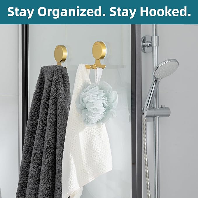TAILI 2 Pack Powerful Suction Cup Razor Holder, 304 Stainless Steel Bathroom Suction Hooks for Towel, Loofah, Bathrobe, Stylish Shaver Holder for Shower Wall, Easy to Install and Reuse, Gold