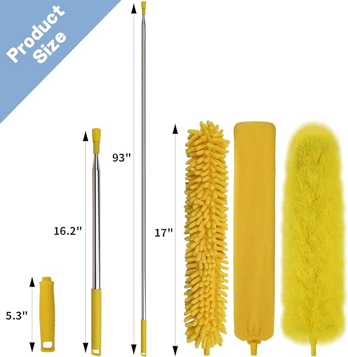 Dymoll Cobweb Duster with Extension Pole, 110" Microfiber Feather Duster Kit with Bendable Washable Heads, Spider Web Brush, Dusters for Cleaning Ceiling Fan, High Ceiling, Blinds, Furniture & Cars
