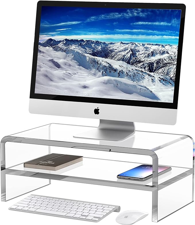 Acrylic Monitor Stand, 2-Tier Clear Monitor Riser Computer Stand for Office, Home, 5.12 Inches High PC Desk Stand for Keyboard Storage, Premium Platform for Laptop Printer TV Screen