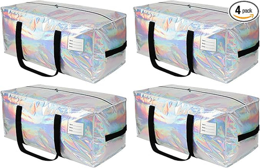 4 Pack Heavy Duty Moving Bags Extra Large Waterproof Foldable Clothing Storage Totes Bags with Zipper,Reinforced Handles,Packing Moving Boxes for Dorm & Seasonal Storage,Iridescent