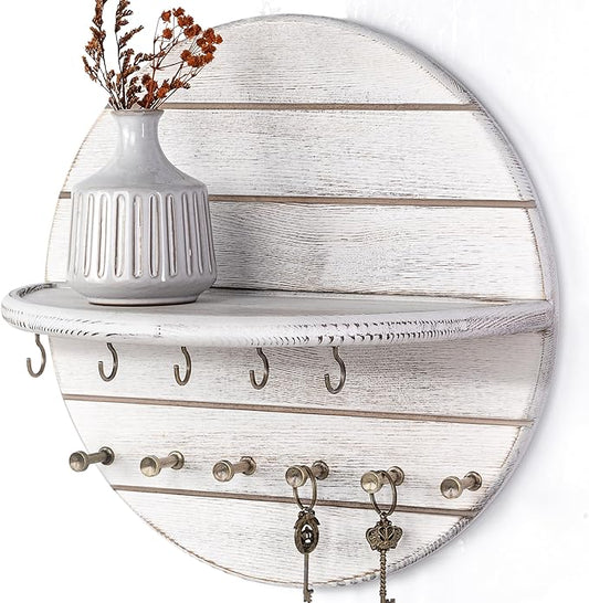 Rebee Vision Pine Wood Key Holder Wall Mount - 12 Inch Decorative Key Holder for Wall with Shelf and 11 Hooks - Farmhouse Mail Organizer for Apartment Essentials & Home Decor (Old White)