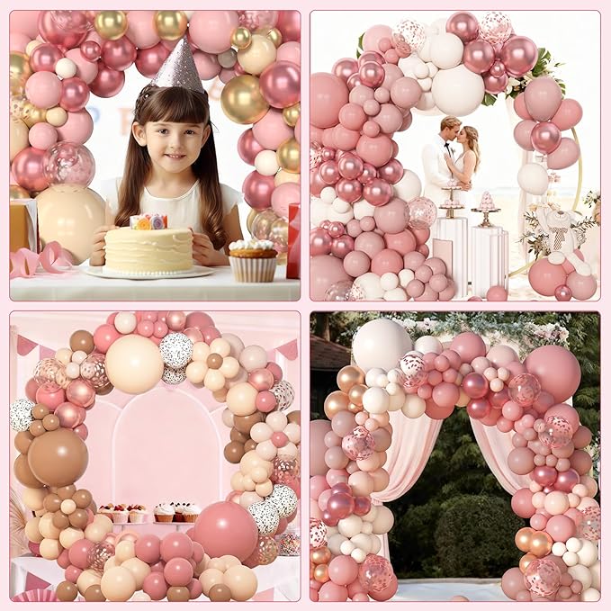 Amandir 153Pcs Boho Blush Balloon Garland Arch Kit, Double-Stuffed Nude Cream Peach Dusty Rose Pink Gold Confetti Metallic Balloon for Valentines Day Baby Shower Birthday Party Wedding Decorations