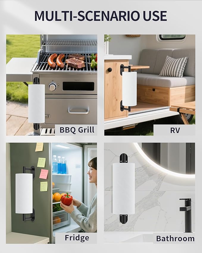 WZKALY Paper Towel Holder Under Cabinet, Self Adhesive or Wall Mount for Kitchen Bathroom, Stainless Steel Paper Towel Holders with Damping Effect, Single Hand Operable (Matte Black)