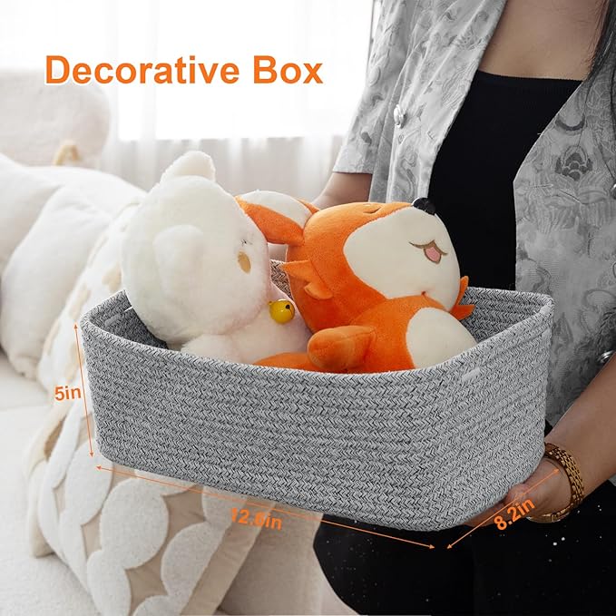 Ordn2Ordn Small Storage Baskets for Organizing, Woven Storage Bins for Shelves, Gift Basket Empty, Cute Decorative Closet Organizer, Baby Rope Basket, Dog Toy Storage, 12.6x8.2x5”, 3Packs Mixed Gray