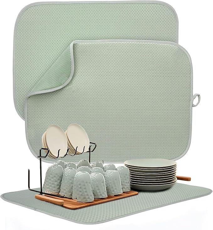 2 Packs Dish Drying Mats for Kitchen Counter, Drying Mat Kitchen Counter, Sage Green Kitchen Dish Drying Mat & Dish Dryer Mat for Drying Dishes, 20 x 15 inches (Green)