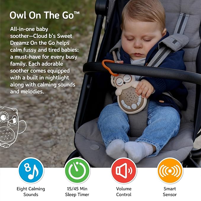 Cloud b Travel Comforting Sound Machine w/Calming Light | 4 White Noise and 4 Lullabies | Re-Activating Smart Sensor | Sweet Dreamz Owl On The Go