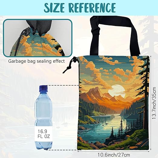 KXWQTRDD Car Garbage Bag Mountain Lake and Sunrise Drawstring Car Trash Bag Hanging for Back Seat with Adjustable Buckle Canvas Vehicle Trash Can Easy-to-Install