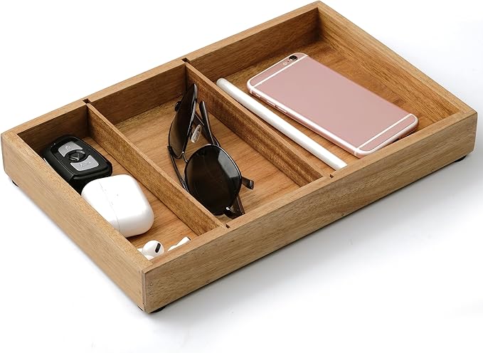 Wooden Valet Tray for Men – 12.2x7.9 in Acacia Catchall EDC Dump Tray with Removable Dividers, Nightstand Organizer for Keys, Wallet, Phone, Watch, Office Accessories