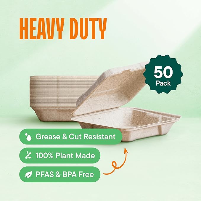 100% Compostable Clamshell Take Out Food Containers [8X8" 50-Pack] Heavy-Duty Quality to go Containers, Natural Disposable Bagasse, Eco-Friendly Biodegradable Made of Sugar Cane Fibers