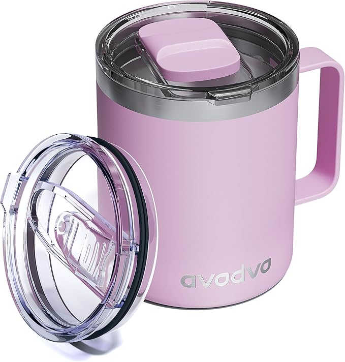 12oz Insulated Coffee Mug with Lid – Includes Two Lids, Stainless Steel Coffee Travel Mug with Handle, Double Wall Vacuum Insulated Camping Mug for Home, Office & Outdoor, Pink
