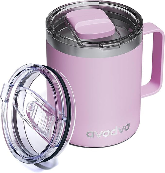 12oz Insulated Coffee Mug with Lid – Includes Two Lids, Stainless Steel Coffee Travel Mug with Handle, Double Wall Vacuum Insulated Camping Mug for Home, Office & Outdoor, Pink