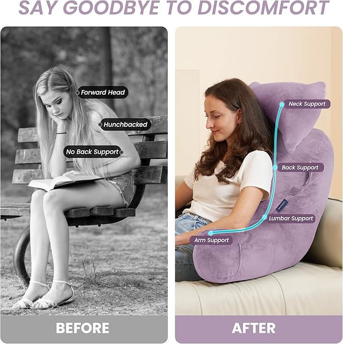 Portable Reading Pillows with Headrest for Bed Sitting Up(Lavender Purple Oeko-Tex), Velvet Back Pillow with Arms & Pockets for Adults, Support Memory Foam Bed Pillow for Dorm/Reading/Gaming