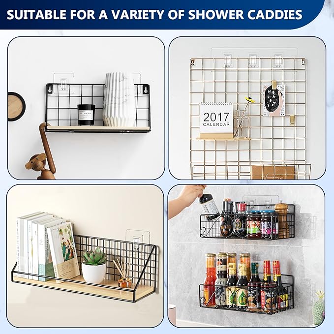 14 Pack Shower Caddy Adhesive Replacement, Strong Waterproof Strips, No Drilling Flat Hooks for Bathroom Storage Shelves and Kitchen Racks (Clear 3 Hooks & 2 Hooks & 1 Hook)