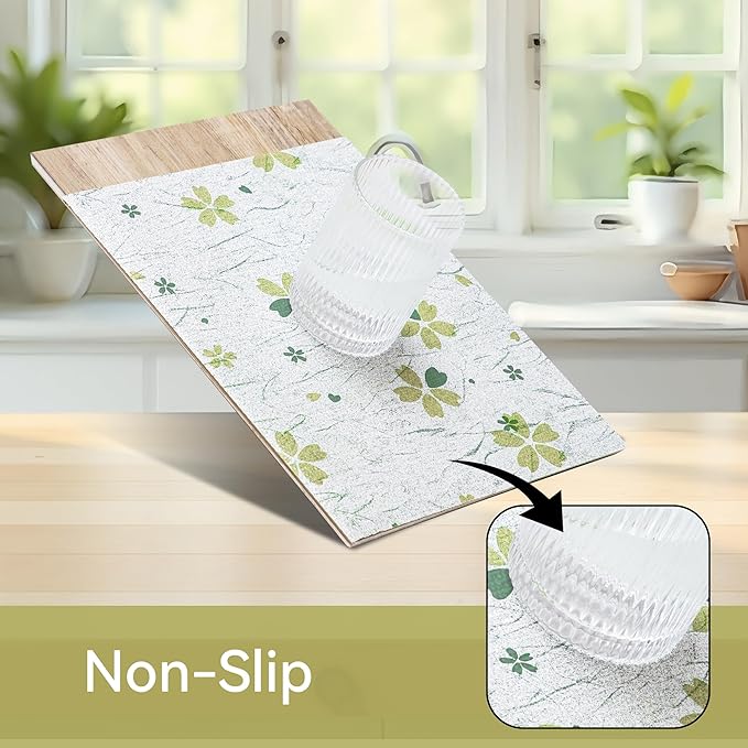 FIFTY FEET 18"x96" Non-Adhesive Shelf Liner for Kitchen Cabinets and Drawers, Washable Non-Slip PVC Cabinet Liner (Green Floral)(1 Roll)