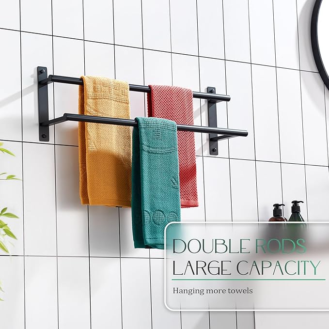 KOKOSIRI 20 Inch Double Towel Bar Bath Towel Racks Bathroom Towel Holder Towel Storage Towel Shelf Wall Mounted Stainless Steel Matte Black B5010BK-L20