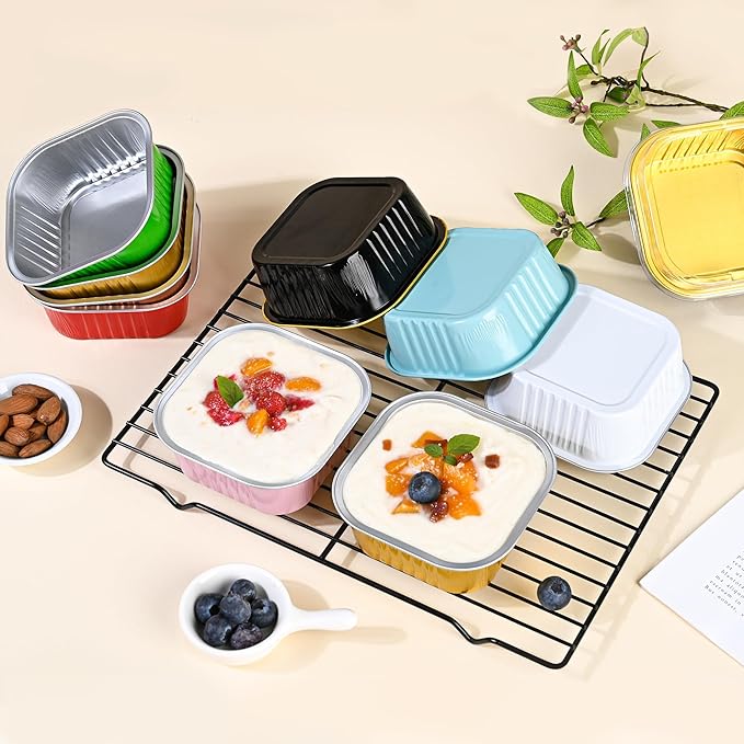 40 Pack Mini Cake Pans with Lids, 5oz Square Aluminum Foil Brownie Baking Cups, Muffin Tin Ramekins, Disposable Dessert Cupcake Cups for Wedding Birthday Party, Black,Gold