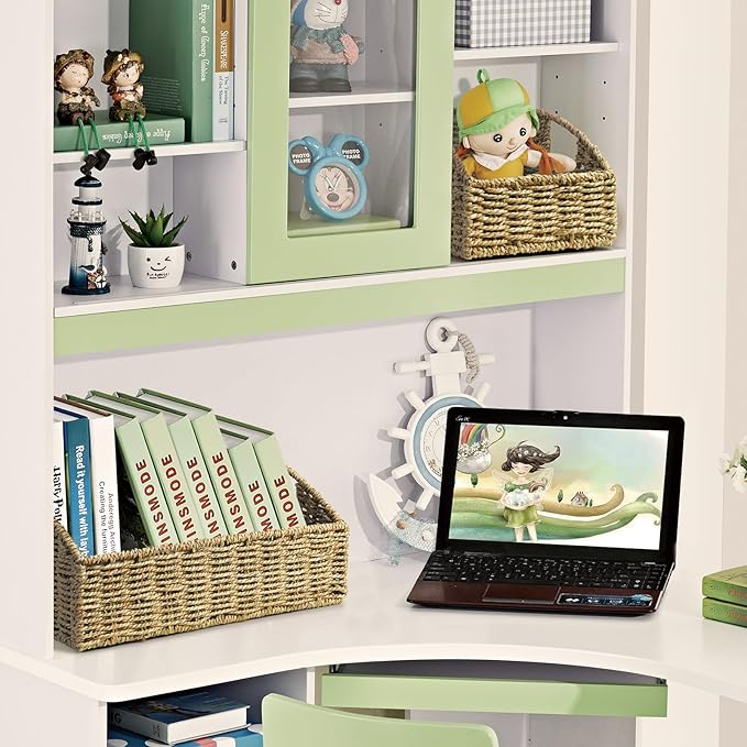 Ollieroo Natural Seagrass Storage Baskets, Handwoven Wicker Storage Bins with Built-in Handles, Storage Container Baskets for Shelves, Bedroom, Bathroom, Laundry Room or Kitchen (Green)