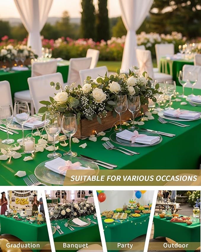 Fixwal Green Stretch Table Cloth Rectangle 2 Pack 6Ft, Spandex Fitted Table Covers Washable for Party, Trade Show, Banquet, Wedding, Buffet