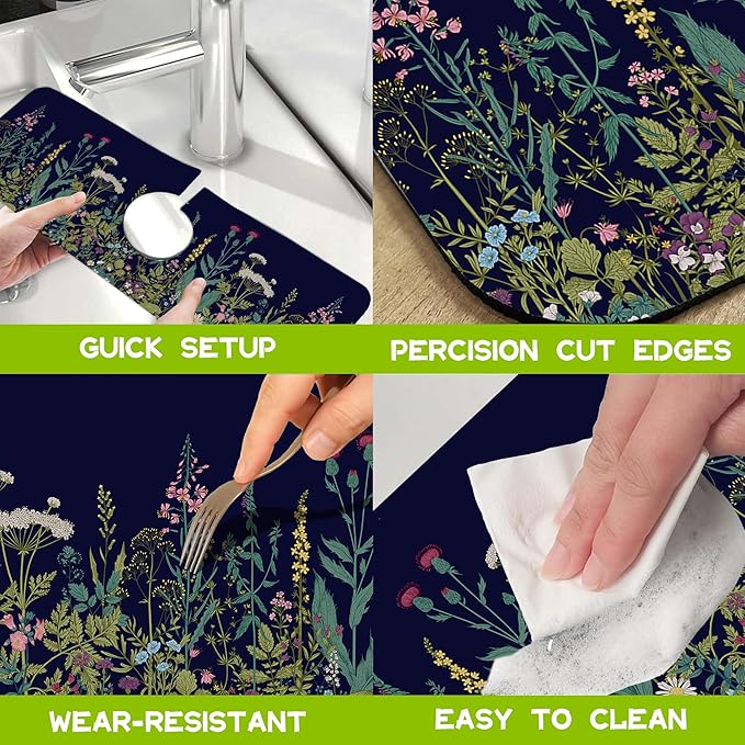 Kitchen Sink Splash Guard Faucet Mat Super Absorbent Fast Drying Mat Guard Behind Faucet Drip Catcher for Kitchen Bathroom (Colorful Herbs and Wild Flowers, 23.5"X5.5")