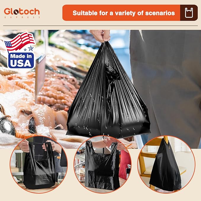 Glotoch 1000 Count Plastic T-shirt Bags Plain Black, 11.5 x 6.5 x 21" Grocery Shopping Bags with Handles for Restaurant, Retail, Takeout, Convenience Stores, Kitchen Trash, in Bulk for Small Business