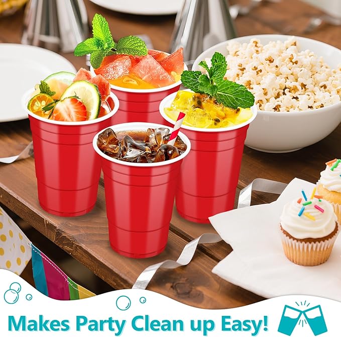 LANLISA 100 Red Plastic Cups, 16 oz Disposable Cups, Drinking Cups For Valentines Day, Christmas Party Supplies