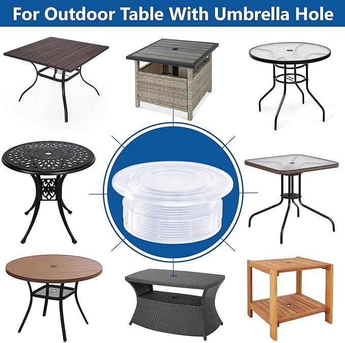 DECOHS 2 Pcs 2" Parasol Umbrella Hole Ring Plug and Cap Set, Thicker Patio Table Hole Cover Insert, Deck Table Umbrella Holes Plug Replacement Parts for Outdoor Patio Table Garden Yard (Transparent)