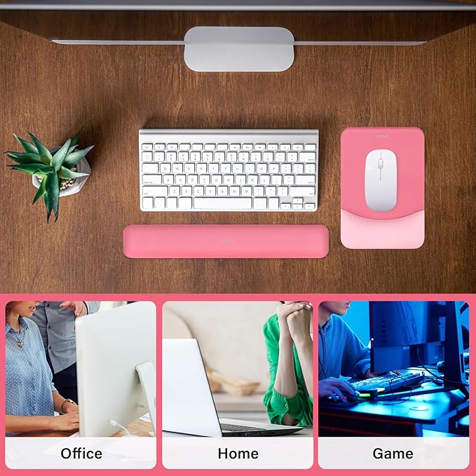 MOSISO Wrist Rest Support for Mouse Pad & Keyboard Set, Rectangular Ergonomic Mousepad Non-Slip Base Home/Office Pain Relief & Easy Typing Pad with Neoprene Cloth & Raised Silicone Lining, Melon Pink
