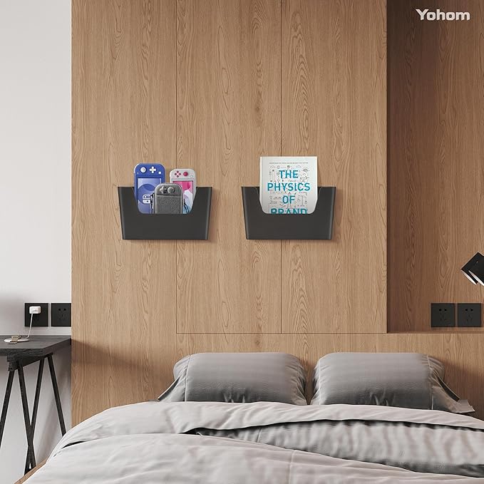 YOHOM Adhesive File Holder Plastic Document Folder Door No Drilling Mount Mail Magazine Organizer A4 Filing Envelopes Folder, Office Wall Mount Single Pocket (BLACK, 2 PCS)