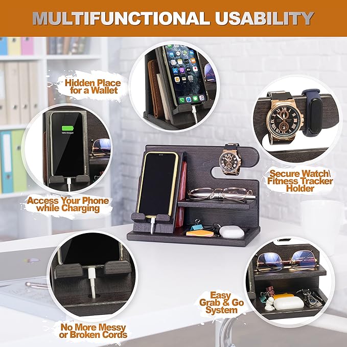 TESLYAR Wood Phone Docking Station for Men - Desktop or Nightstand Organizer - Birthday Gifts for Men, Dad - Anniversary Idea from Wife - Key Holder, Stand Wallet, Watch & Essentials (Black)